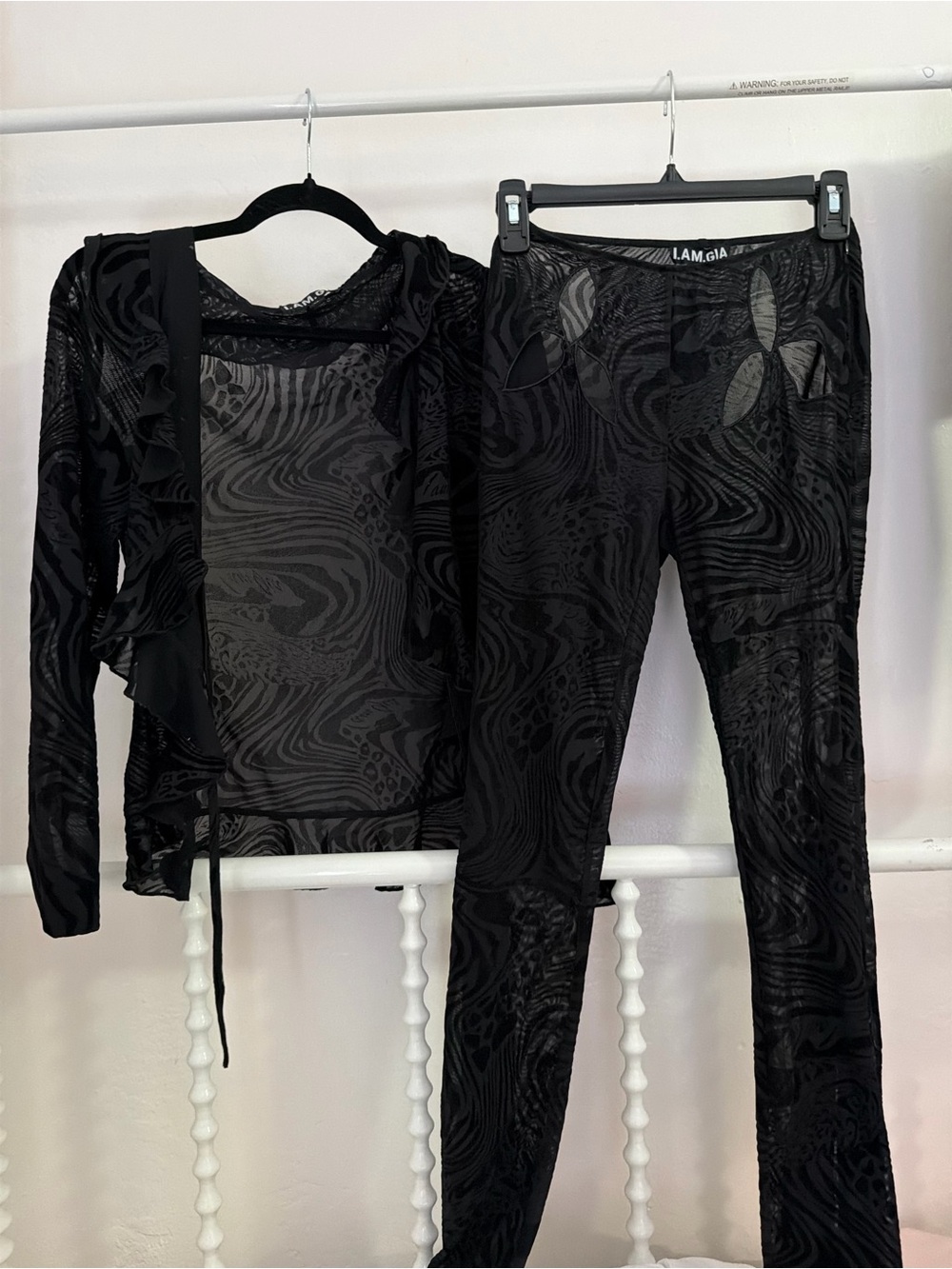 I Am Gia Black Sheer Patterned Women's Pants & Wrap Top Set